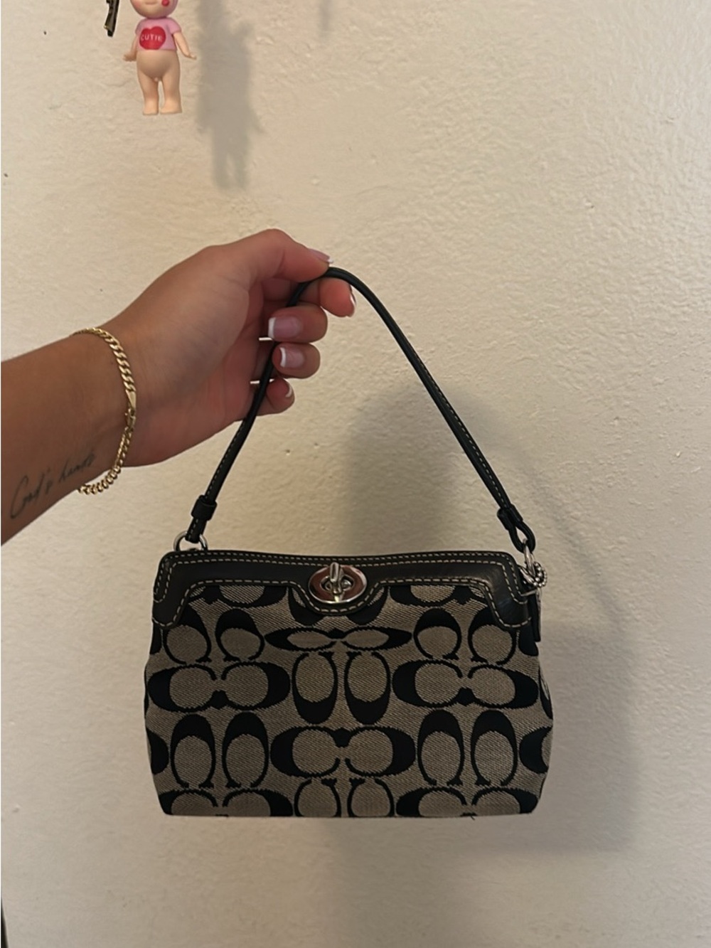 Neutral Signature Pattern Shoulder Bag with Black Trim